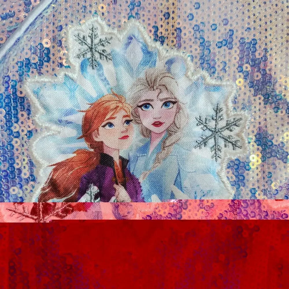 Disney Girls Sz 7/8 Frozen Elsa & Anna Varsity Jacket Silver Glimmer Sequins
